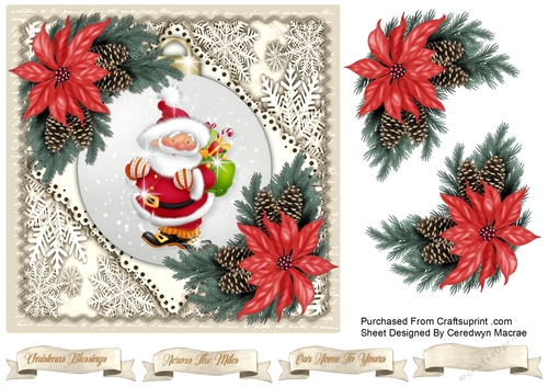 7x7 Santa Bauble  and Poinsettias