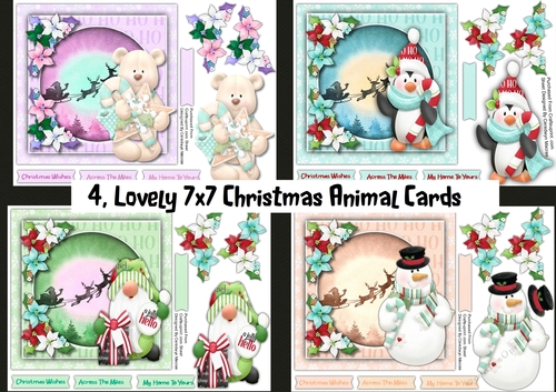 4, Lovely 7x7 Christmas Animal Cards 
