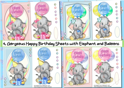 4, Gorgeous Happy Birthday Sheets with Elephant and Balloons