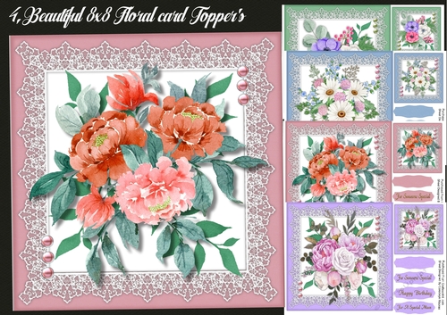 4 , Beautiful 8x8 ,Floral Card Toppers