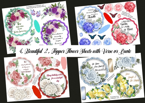 4, Beautiful  2, Sheet Flower Toppers with Verse or Quote
