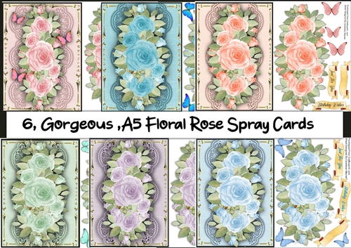 6, Gorgeous A5 Floral Rose spray cards 