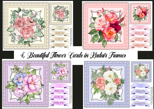 4, Beautiful Flower cards in a Kadair Frame