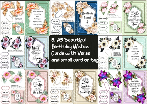 8 A5 Beautiful Birthday Wishes Cards with Verse 