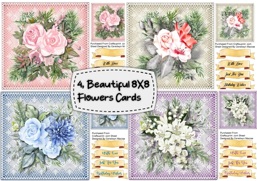 4, Beautiful 8x8 Flower Cards