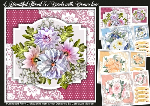 4, Beautiful Floral 7x7 Cards On Corner Lace
