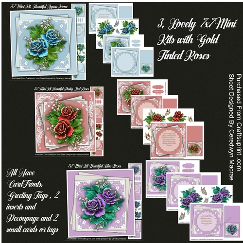 3,Lovely 7x7 Mini Kits with Gold Tinted Roses