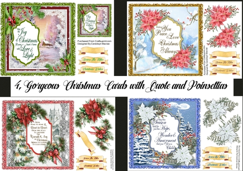 4, Gorgeous Christmas Cards with Quote and Poinsettias