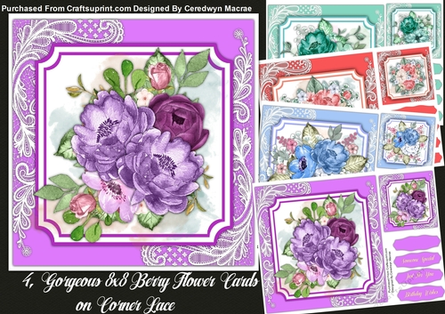 4, Gorgeous 8x8 Berry Flower Cards on Corner Lace