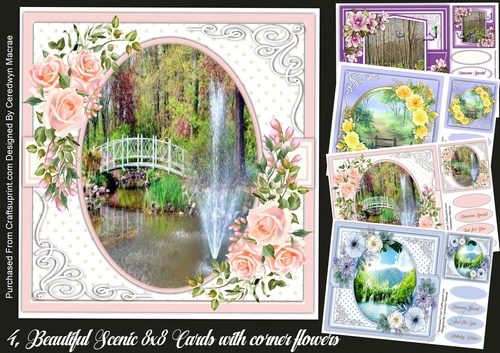4, Beautiful Scenic 8x8 Cards with Corner Flowers