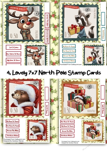 4, Lovely 7x7 North Pole Stamp Cards 