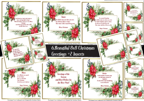 6, Beautiful 8x8 Christmas Greetings+ 2 Inserts