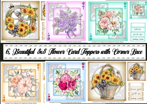 6,Beautiful 8x8 Flower Card Topper with Corner lace