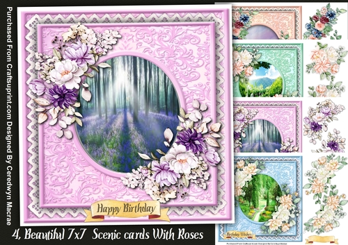 4, Beautiful 7x7 Scenic Cards with Roses