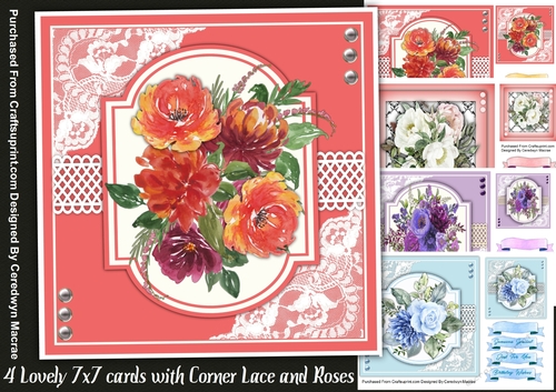 4,Lovelyl 7x7  Cards with Corner lace and  Roses