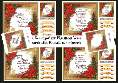 4, Beautiful 8x8 Christmas Verse cards with Poinsettias +2 Inserts 