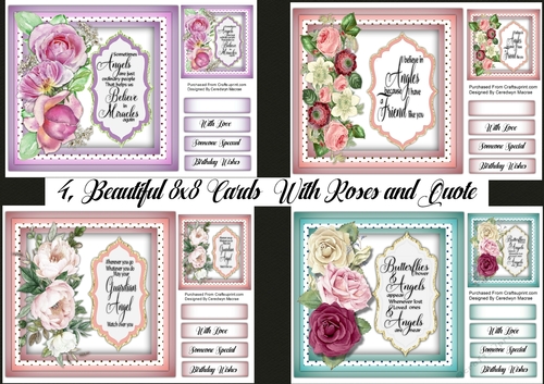 4, Beautiful 8x8 Cards with Roses and Quote