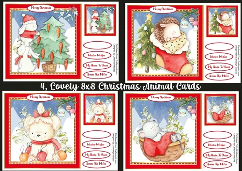 4, Lovely 8x8 Christmas Animal cards