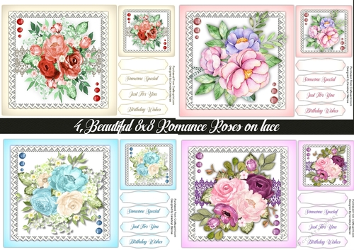 4, Beautiful 8x8 Romance Roses on Lace
