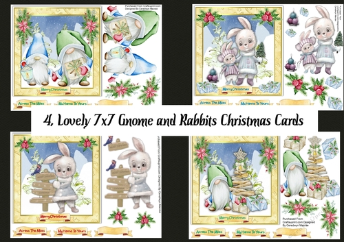 4, Lovely 7x7 Gnome and Rabbits Christmas Cards