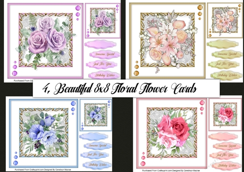 4, Beautiful 8x8 Floral Flower Cards
