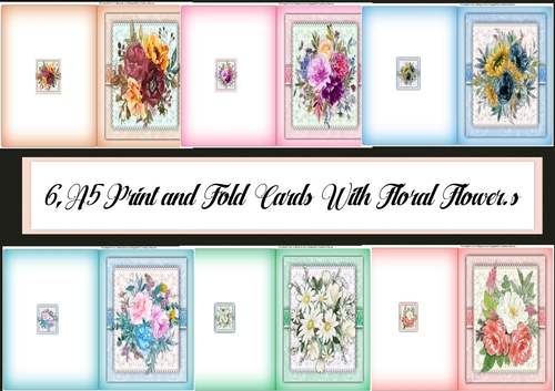 6, A5 Print and Fold Cards with Floral Flowers 