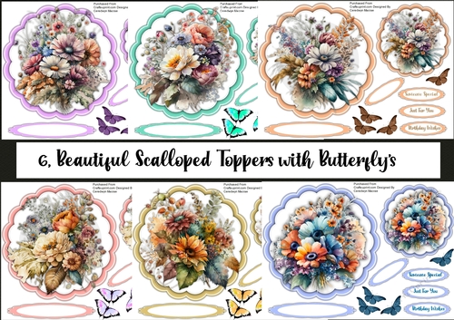 6, Beautiful Scalloped Toppers With Butterflys