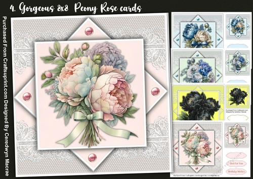 4, Gorgeous 8x8 Peony Rose cards