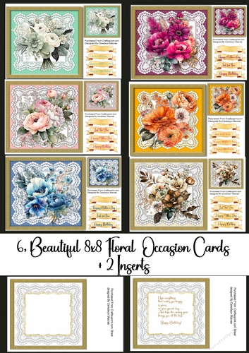 6, Beautiful 8x8 Floral Occasion Cards + 2 Inserts