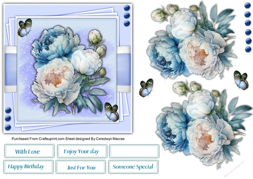 6x6 Beautiful Blue Peony Roses and Butterflys