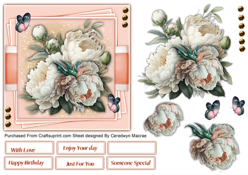 6x6 Beautiful White Peony  Roses and Butterflys