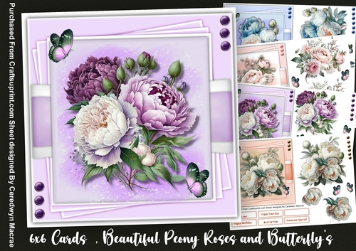 6x6 Cards , Beautiful  Peony Roses and Butterflys  