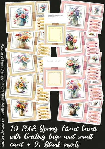10, 8x8 Spring Floral cards with Greetings and small card + 2 Inserts