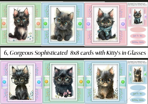 6, Gorgeous Sophisticated 8x8 Cards with Kittys in Glasses