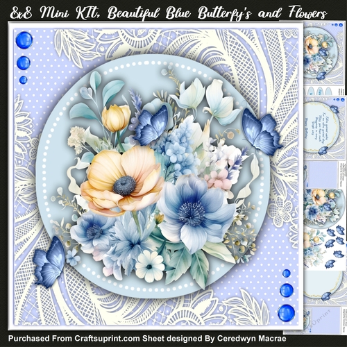8x8 Mini Kit, Beautiful Blue Butterflys and Flowers 