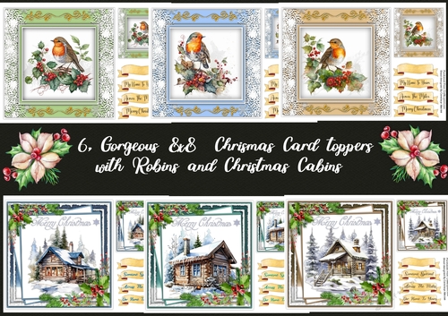 6, Gorgeous 8x8 Christmas Toppers with Robins and Christmas Cabins