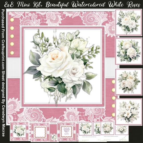 8x8 Mini Kit, Beautiful Water coloured White Roses 