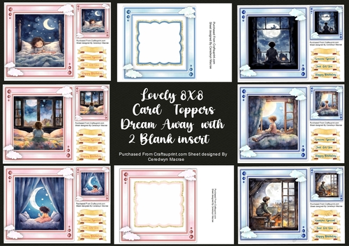 6 , Lovely 8x8 Card Toppers Dream Away plus 2 Blank inserts