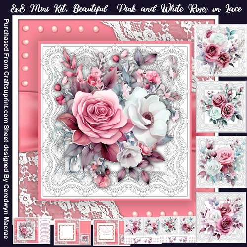 8x8 Mini Kit, Beautiful Pink and White roses on lace