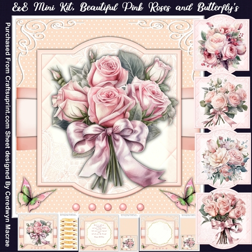 8x8 Mini Kit, Beautiful Pink Roses and Butterflys 