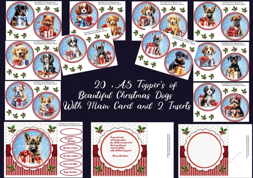 20 , A5 Toppers Of Beautiful Christmas Dogs With 2 Inserts