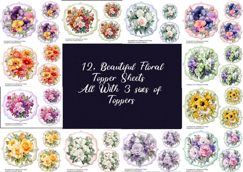 12 , Beautiful Floral Topper Sheets All With 3 sizes of toppers