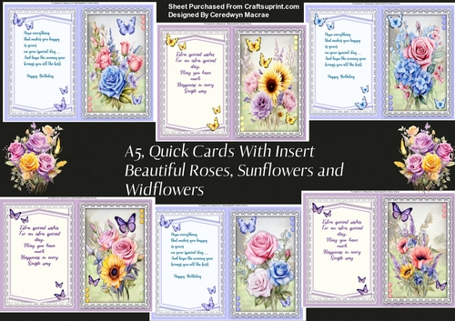 6, A5 , Beautiful Quick Cards With Inserts, Roses, Sunflowers and Wild Flowers