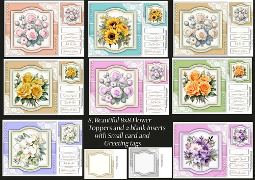 8, Beautiful Rose toppers with Inserts and greeting tags 