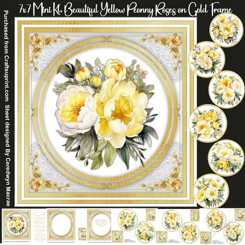 7x7 Mini Kit, Beautiful Yellow Peony Roses on gold Frame