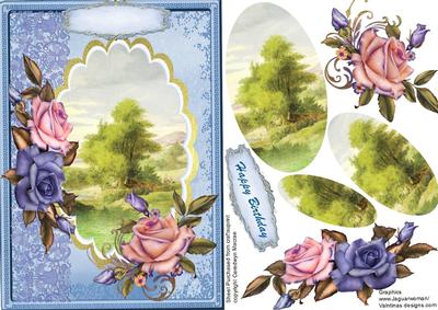 Beautiful Blue and Pink Roses and Country Scene ( Pyramarge