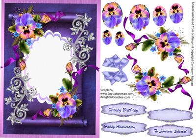 Beautiful Pansys on a Deep Lilac Scroll