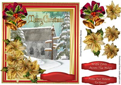 Lovely Christmas Church Scene and Gold Poinsetias 
