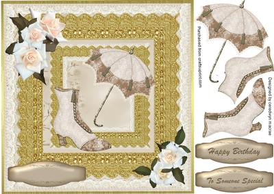 Lovely Victorian Boot and Umberella on Stunning Gold Lace 