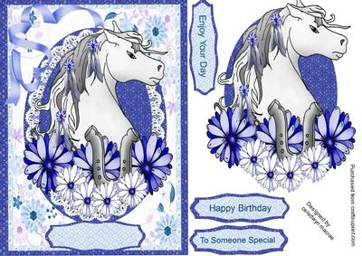 Lovely Cute Horse and Flowers Blue